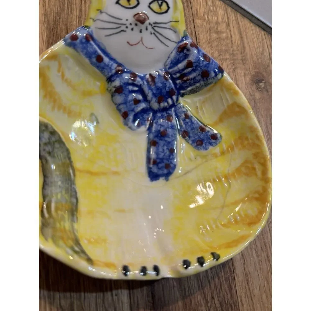 Yellow Cat Soap Dish Trinket Tray Spoken Rest Hand Painted Art Decor Italian EUC
